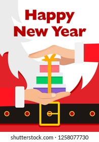 Santa Claus message banner. Red Santa Claus suit, leather belt with gold buckle, white beard, offering gift or present, concept for christmas greeting or invitation card 