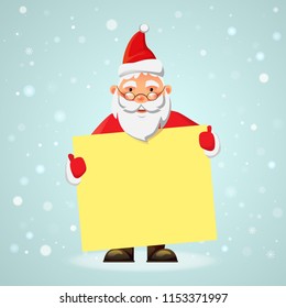 Santa Claus with message board. Blank advertising banner. Merry Santa Claus vector illustration.