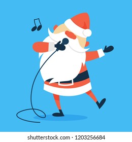 Santa Claus with a microphone sing christmas song in karaoke. Xmas charatcer wishing happy holiday celebration. Flat vector illustration