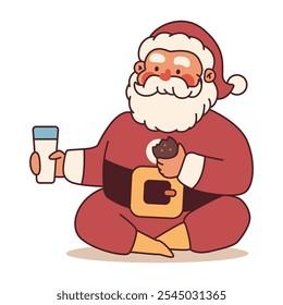 Santa Claus with milk and chocolate cookie vector Christmas cartoon character isolated on a white background.