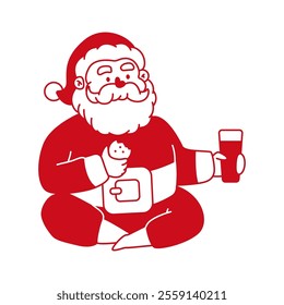 Santa Claus with milk and chocolate cookie vector red icon isolated on a white background.