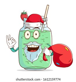 Santa claus of milkshake cartoon character carry a red bag with ok hand sign and funny smile face