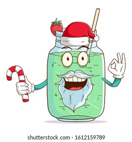 santa claus of milkshake cartoon character, holding a candy with funny smile face