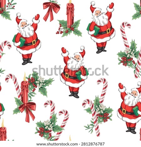 Santa Claus, mistletoe, candle, candy cane seamless pattern. Winter holiday wallpaper.	