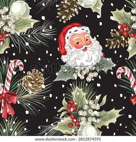 Santa Claus, mistletoe, fir branch, cone, candy cane seamless pattern. Winter holiday wallpaper.	