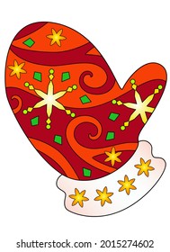 Santa Claus mitt - vector Christmas full color zentangle illustration - with snowflakes and stars. Template for stained glass, batik, coloring. Christmas zentangle with Santa Claus mitten