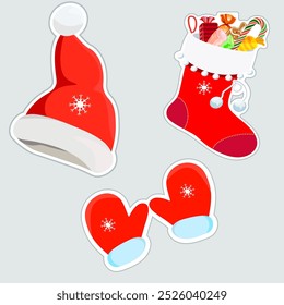 Santa Claus mittens, hat and sock with gifts