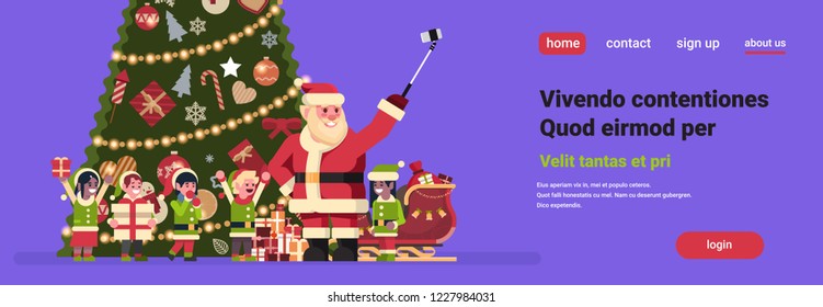 Santa claus with mix race elves taking selfie near decorated fir tree merry christmas happy new year celebration concept flat horizontal copy space vector illustration