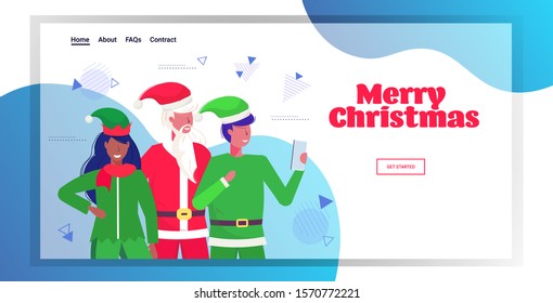 santa claus with mix race elves couple taking selfie photo on smartphone camera christmas holidays celebration concept greeting card horizontal copy space portrait vector illustration