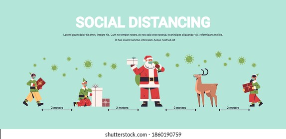 santa claus with mix race elves in masks keeping social distance to prevent coronavirus new year christmas holidays celebration concept full length horizontal copy space vector illustration