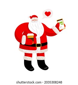 Santa Claus with a mobile phone in one hand and a glass of coffee in the other. Amazing funny character for New Year card, banner or poster. Happy New Year and Merry Christmas. Vector illustration.