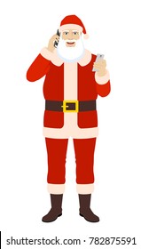 Santa Claus with mobile phone talking on the mobile phone.  Full length portrait of Santa Claus in a flat style. Vector illustration. 