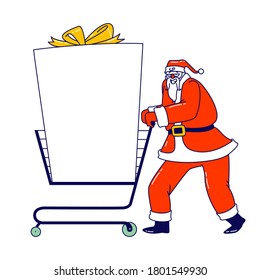 Santa Claus with Mockup. Christmas Character in Red Suit Pushing Shopping Trolley with Huge Gift and Empty Copy Space for Advertising Text or Congratulation, Mock Up. Linear People Vector Illustration