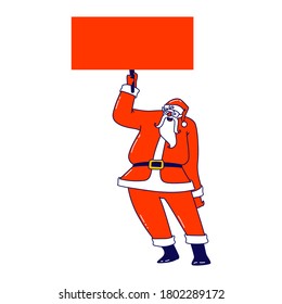 Santa Claus with Mockup. Christmas Character in Red Hat and Costume Holding Empty Banner or Advertising Mock Up with Copy Space for Festive Text or Congratulation. Linear People Vector Illustration