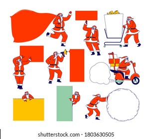 Santa Claus with Mockup. Christmas Character in Red Suit and Festive Costume Holding Empty Banners with Copy Space for Text. Advertising Mock Up, Congratulation. Linear People Vector Illustration