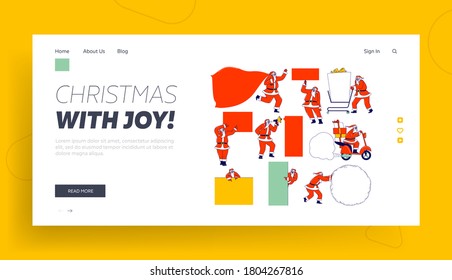 Santa Claus with Mockup Landing Page Template. Christmas Character in Red Festive Costume Holding Empty Banners with Copy Space. Advertising Mock Up, Congratulation. Linear People Vector Illustration