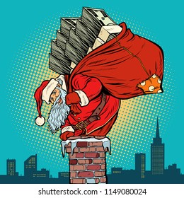 Santa Claus with money climbs into the chimney. Pop art retro vector illustration vintage kitsch drawing