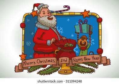 Santa Claus and monkey in christmas elf's costume are packing gifts in a big red bag, Christmas frame with stars and candies for Christmas card, vector