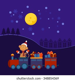Santa Claus Monkey in Christmas train with gifts.EPS10.Christmas train,monkey vector,monkey cartoon,monkey isolated,monkey isolated vector,monkey card vector,monkey traveling,train vector,gift vector