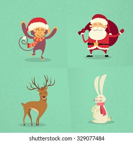 Santa Claus Monkey Rabbit Deer Happy Standing New Year Christmas Holiday Flat Vector Illustration