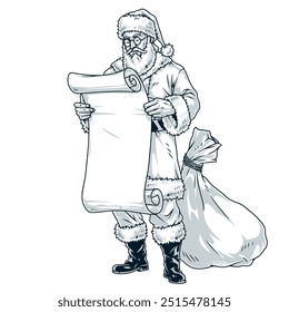 Santa Claus monochrome element with Christmas wizard standing near bag of gifts and holding sheet paper in hands vector illustration