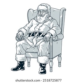 Santa Claus monochrome label with winter wizard sitting in chair and ready to listen to wishes of children vector illustration