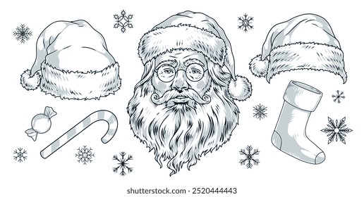 Santa Claus monochrome set labels with face of Santa Claus and wizard hats near snowflakes and sweet candies vector illustration