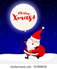 Santa Claus with moon balloon on snow roof.  Cute cartoon character, Merry Christmas and Happy New Year. Illustration.