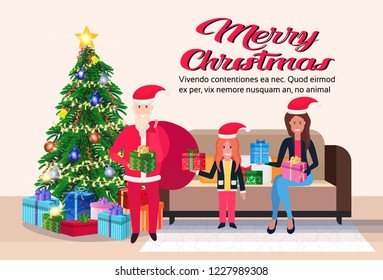 Santa Claus with mother and daughter in modern living room. Mmerry Christmas happy new year decorated gift boxes pine tree flat horizontal copy space vector illustration