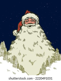 Santa Claus mountain beard. Vintage joyful Santa with his beard being a snowy mountain.