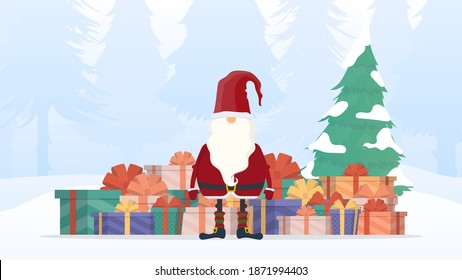 Santa Claus with a mountain of gifts and a Christmas tree. Winter in the forest, snow, a man with a white beard in red clothes. Good for postcards and books. Vector.