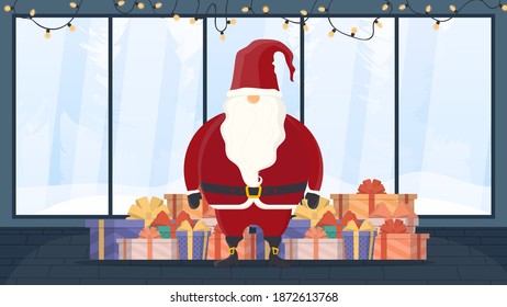 Santa Claus with a mountain of gifts. Party room with garlands. New year and christmas concept. Vector.