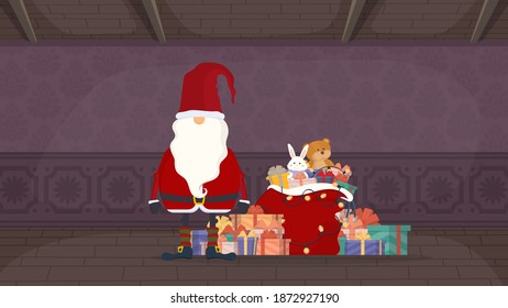 Santa Claus with a mountain of gifts and a red bag. Party room overlooking the winter forest. New year concept. Vector.