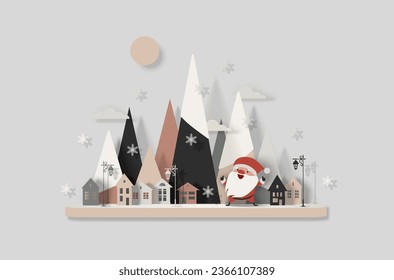 Santa Claus en el pueblo de montaña, en medio de casas y nevadas. Ilustración aislada del vector de Navidad. Estilo de corte de papel. Diseño mínimo