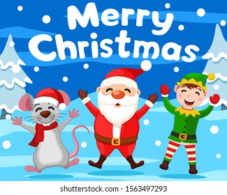 Santa Claus, mouse and elf happily jump on winter background. Merry Christmas.