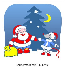 Santa Claus and the mouse keep for hands on a background of a New Year tree.