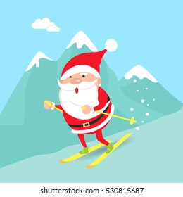 Santa Claus moving down from mountains. Winter time. Illustration of isolated male person with yellow skis. High hills covered with snow. Cartoon design. Active holidays. Flat style. Vector.