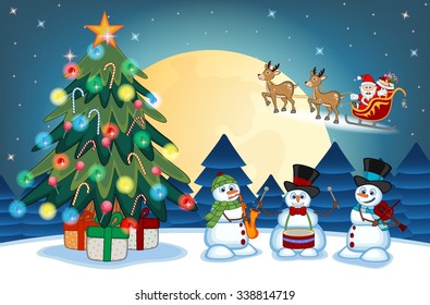 Santa Claus Moving On The Sledge With Reindeer And Brings Many Gifts with christmas tree and snowman Playing Saxophone, drums And Violin With Full Moon At Night Vector Illustration