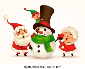 Santa Claus and Mrs Claus building snowman.Vector illustration of Christmas character on plain background. Isolated.