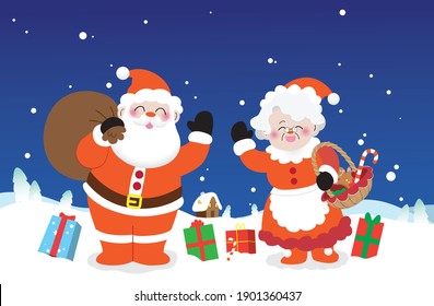 Santa Claus y la Sra. Claus bautizan la tarjeta o pancarta de ilustración vectorial. Personajes de Navidad saludando. Fondo de nieve con camarote y regalos.