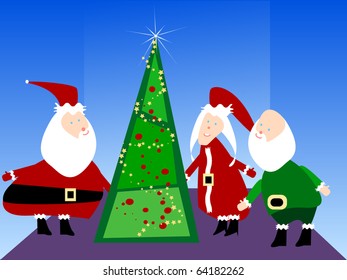 Santa Claus, the Mrs., and an elf decorate the Christmas tree