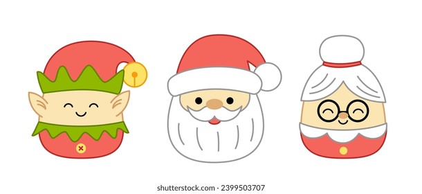 Santa Claus, mrs Claus, elf. Squishmallow.  Pillow. Kawaii, cartoon. Isolated vector illustration eps 10