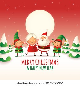 Santa Claus, Mrs Claus and Elves celebrate Christmas holidays - winter greeting card