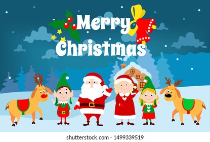 Santa Claus, Mrs. Santa, elves and deer waving. Fairy-tale cartoon winter landscape and text Merry Christmas. Festive New Year vector illustration for holiday greeting cards.