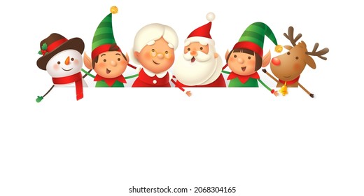 Santa Claus, Mrs Claus, Elves, Snowman and Reindeer on top of board peeking and celebrate Christmas - isolated and goruped elements