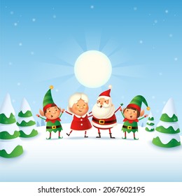 Santa Claus, Mrs Claus and Elvese celebrate winter holidays - winter landscape