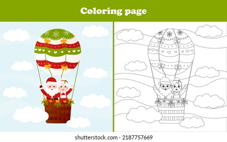 Santa Claus and mrs Claus flying a hot air balloon coloring page for kids, educational printable game for children