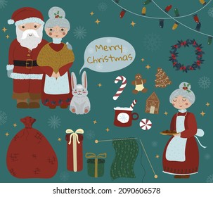 Santa Claus y la Sra. Claus. Santa con su esposa. Sra. Claus con galletas de fondo azul y verde. Galletas de jengibre con cacao. Bolsa de Santa con regalos. Garlands con luz brillante. Vector.