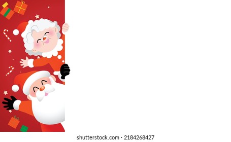 Santa Claus y la Sra. Claus sostienen una ilustración vectorial de cartón blanco con cajas de regalo y copos de nieve en segundo plano.