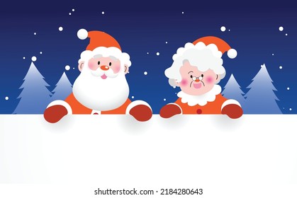 Santa Claus and Mrs Claus holding a white blank signboard template vector illustration with winter Christmas trees in scenery background.